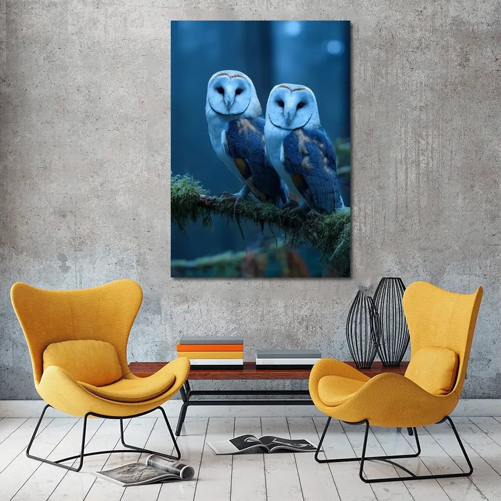 Two Barn Owls Perched Misty Blue Forest – Wall Art