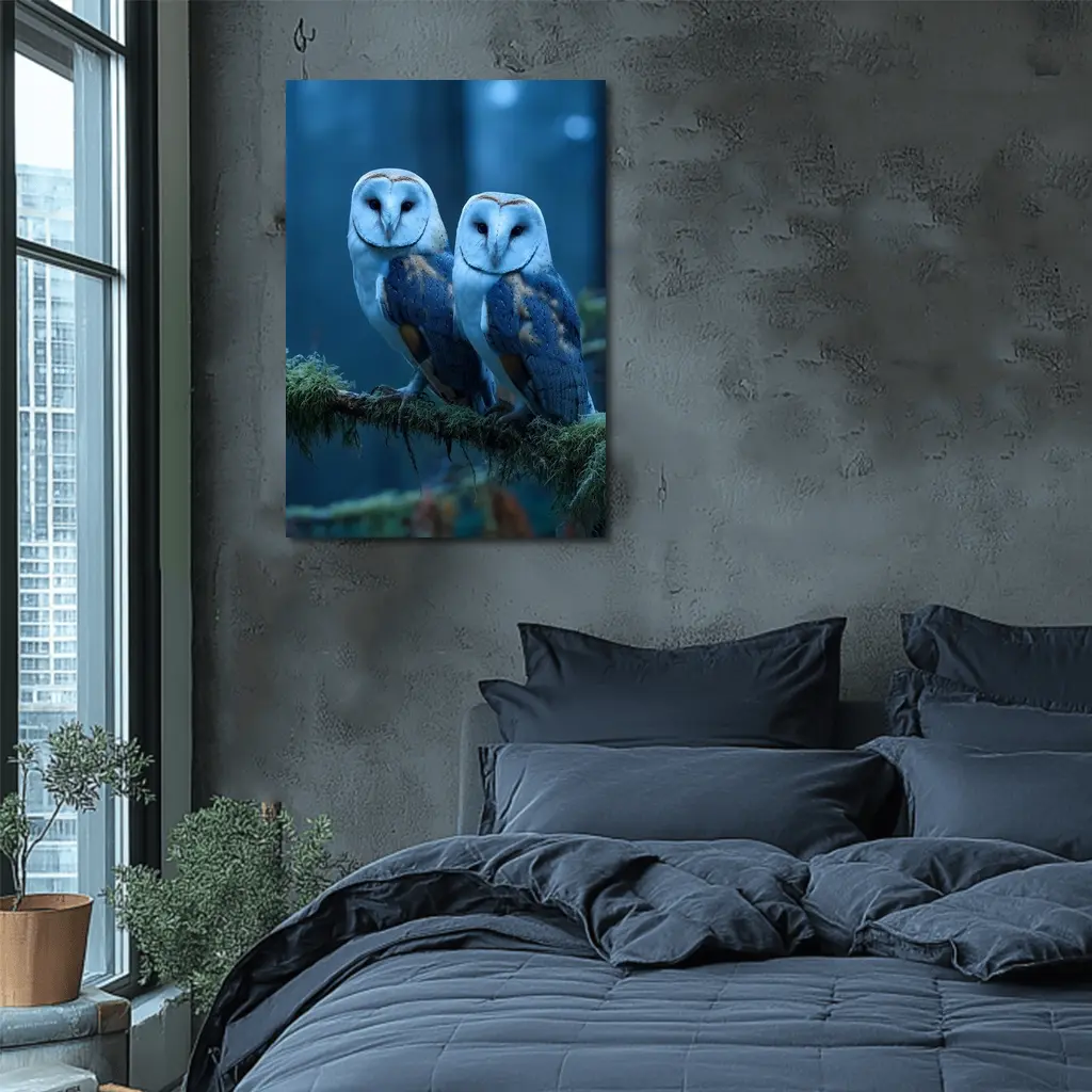 Two Barn Owls Perched Misty Blue Forest – Wall Art