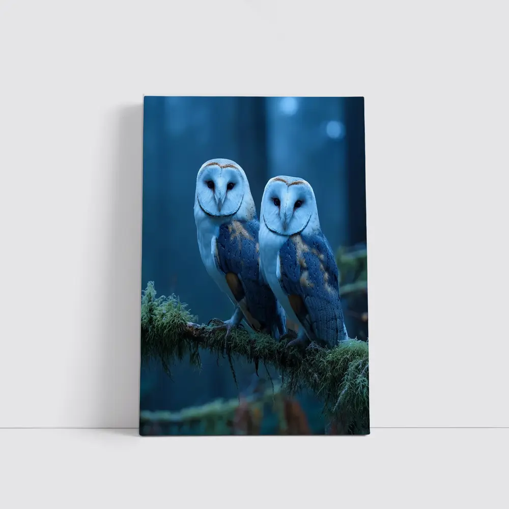 Two Barn Owls Perched Misty Blue Forest – Wall Art