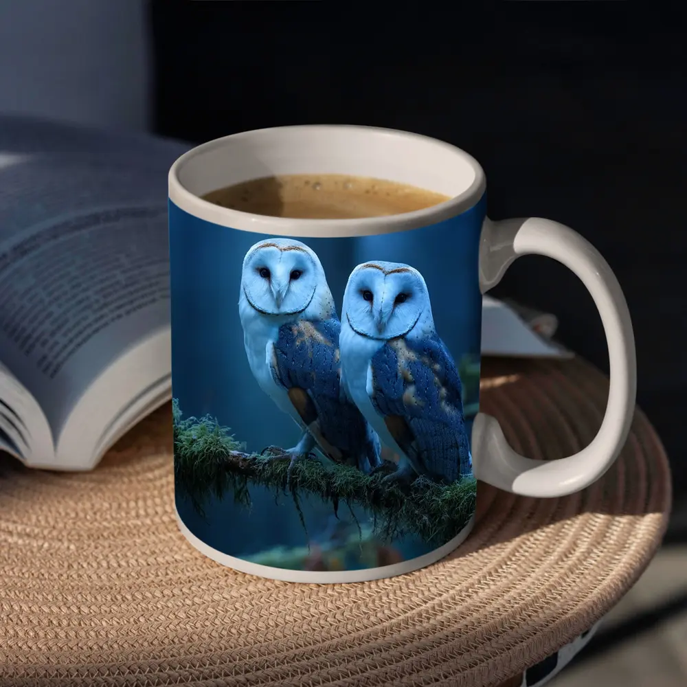 Two Barn Owls Perched Misty Blue Forest – Mugs