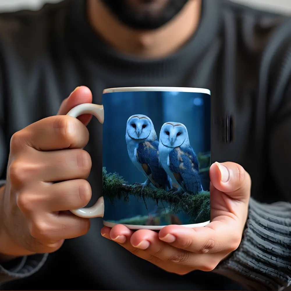 Two Barn Owls Perched Misty Blue Forest – Mugs