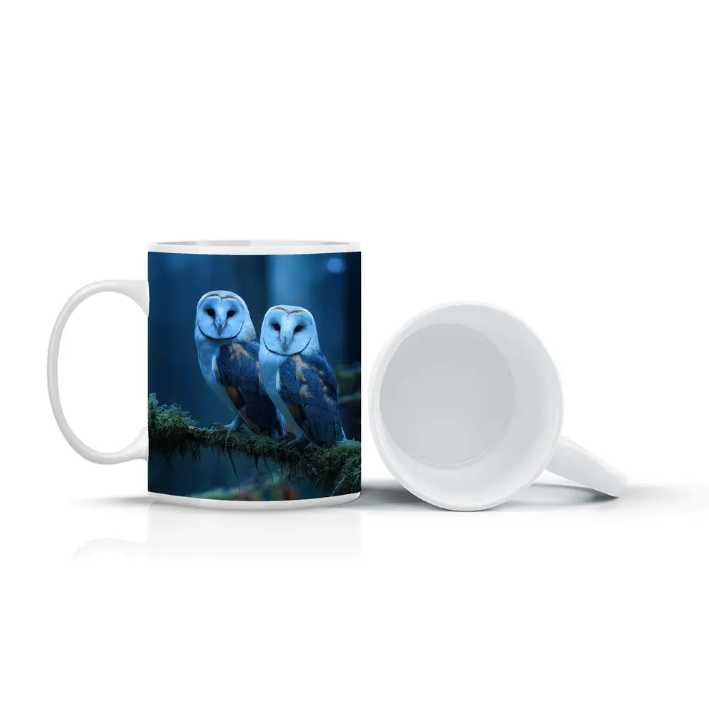 Two Barn Owls Perched Misty Blue Forest – Mugs