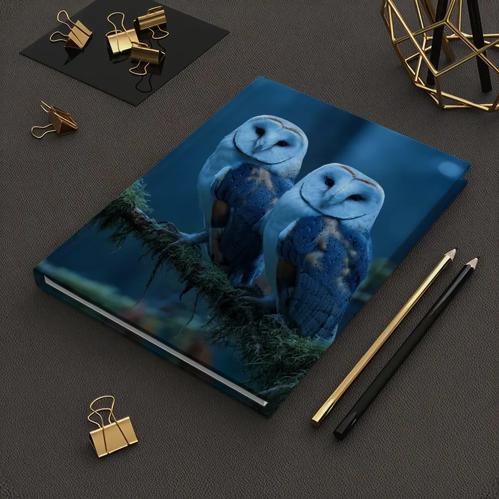 Two Barn Owls Perched Misty Blue Forest – Notebooks