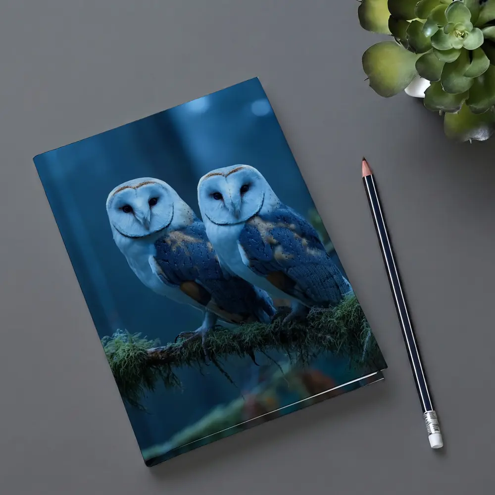 Two Barn Owls Perched Misty Blue Forest – Notebooks