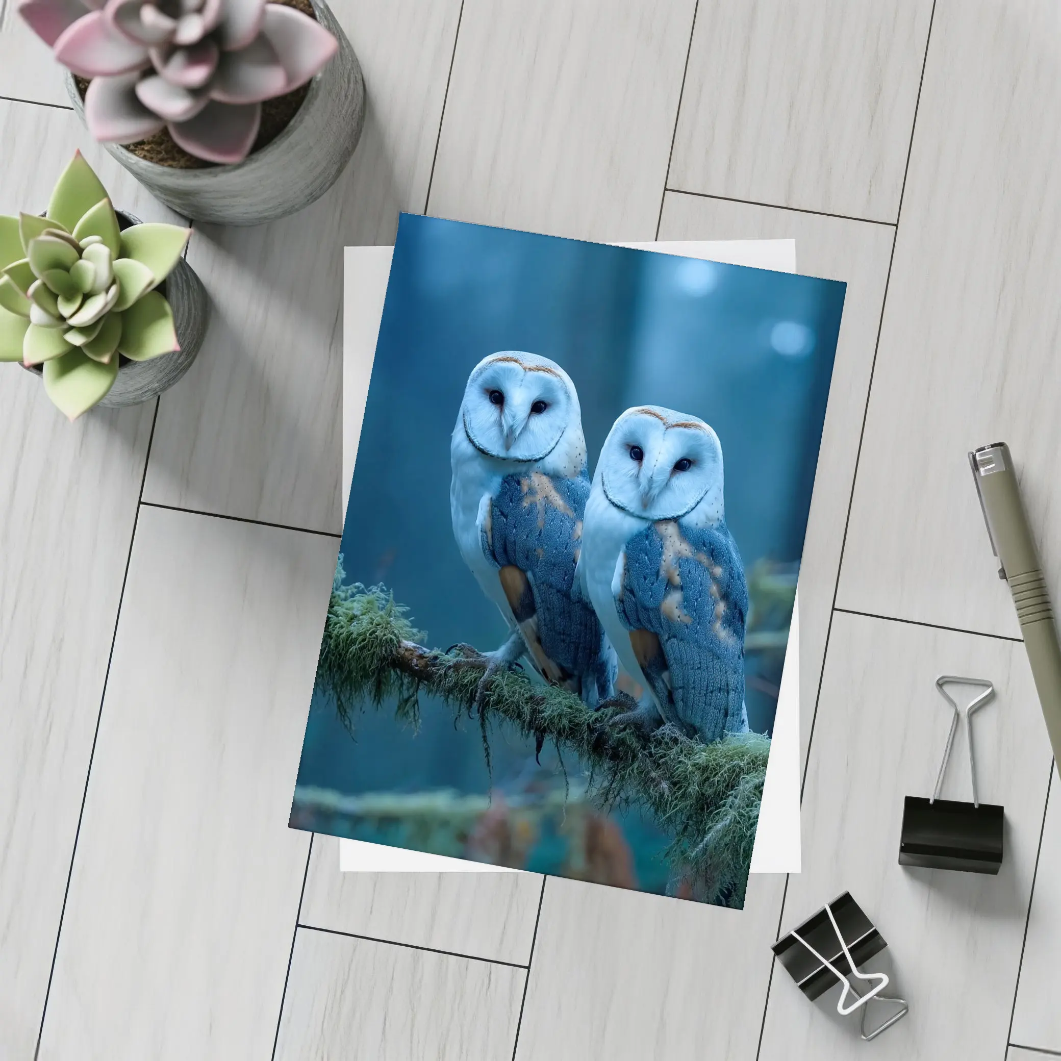 Two Barn Owls Perched Misty Blue Forest – Postcards
