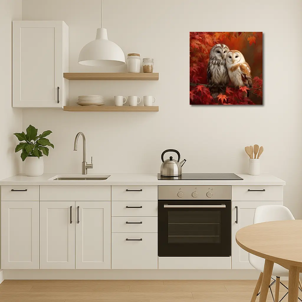 Two Barn Owls Perched Autumn Red Leaves – Wall Art