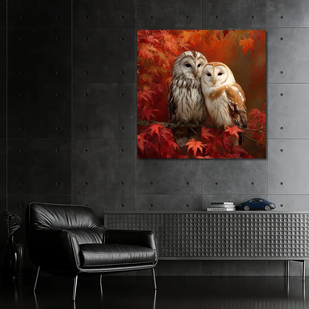 Two Barn Owls Perched Autumn Red Leaves – Wall Art