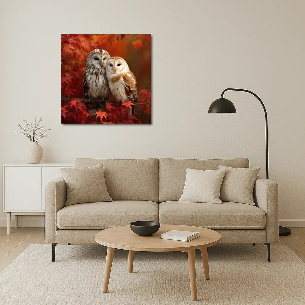 Two Barn Owls Perched Autumn Red Leaves – Wall Art