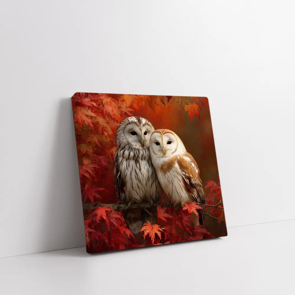 Two Barn Owls Perched Autumn Red Leaves – Wall Art