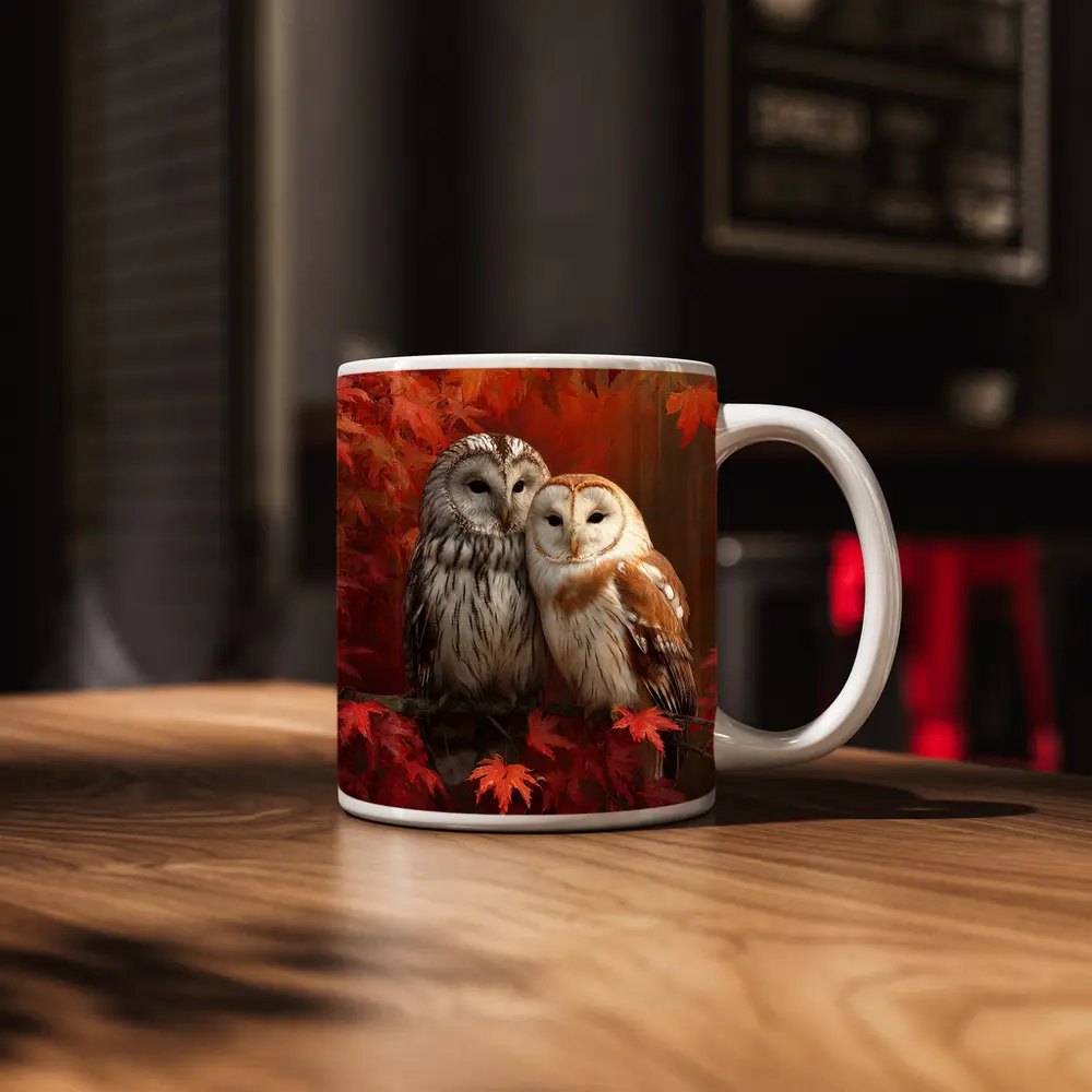 Two Barn Owls Perched Autumn Red Leaves – Mugs