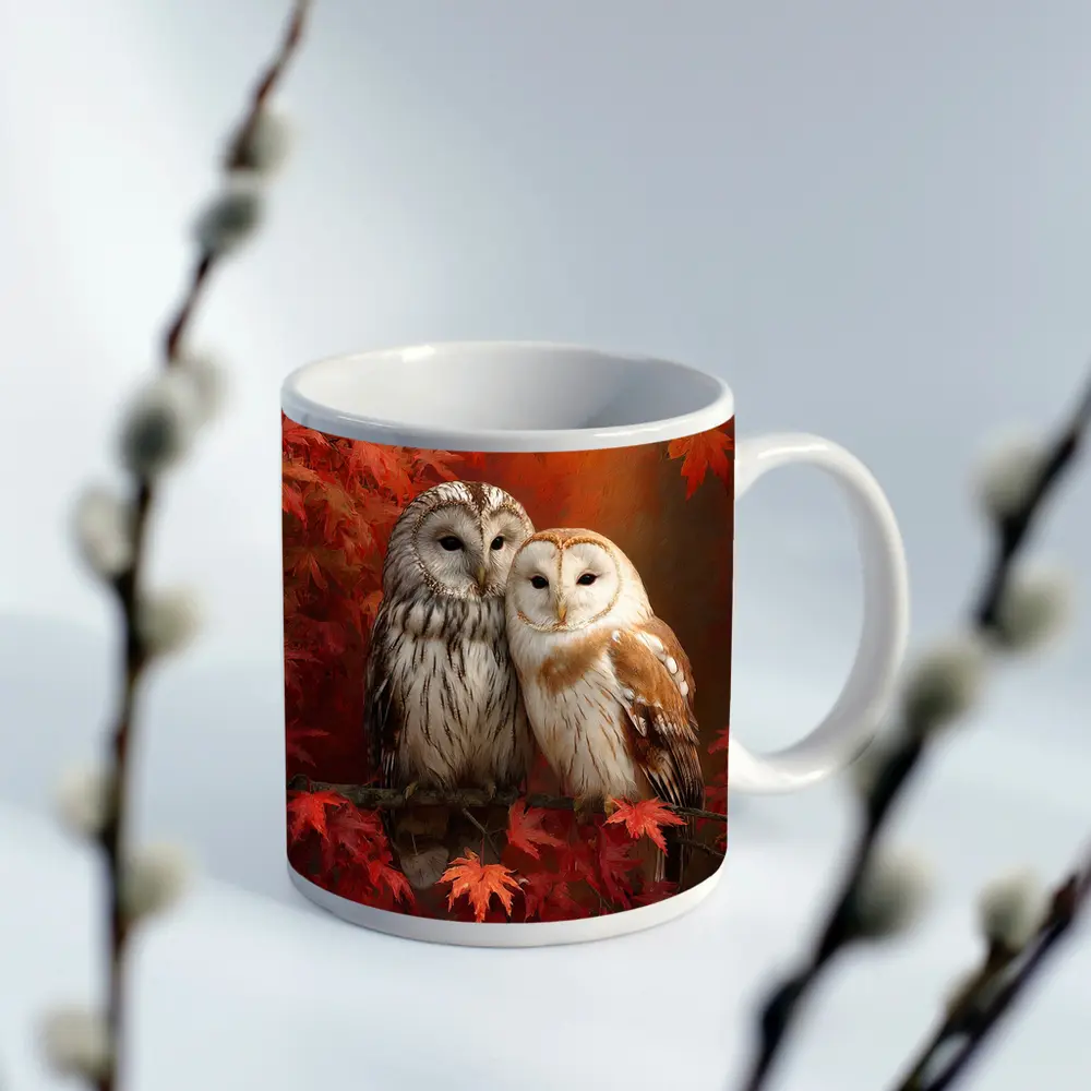 Two Barn Owls Perched Autumn Red Leaves – Mugs