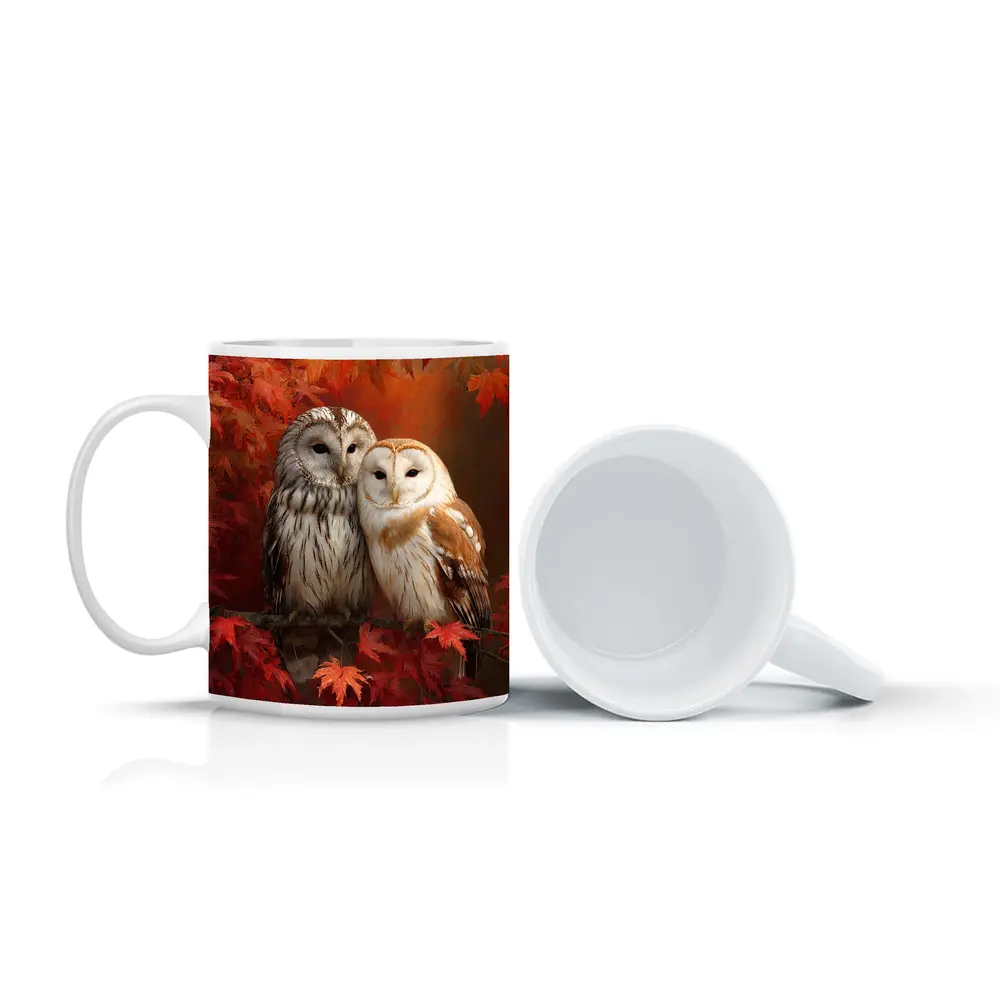 Two Barn Owls Perched Autumn Red Leaves – Mugs