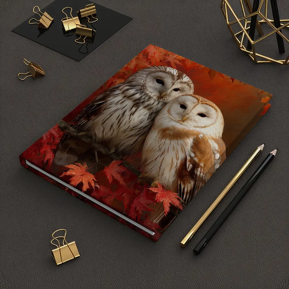 Two Barn Owls Perched Autumn Red Leaves – Notebooks