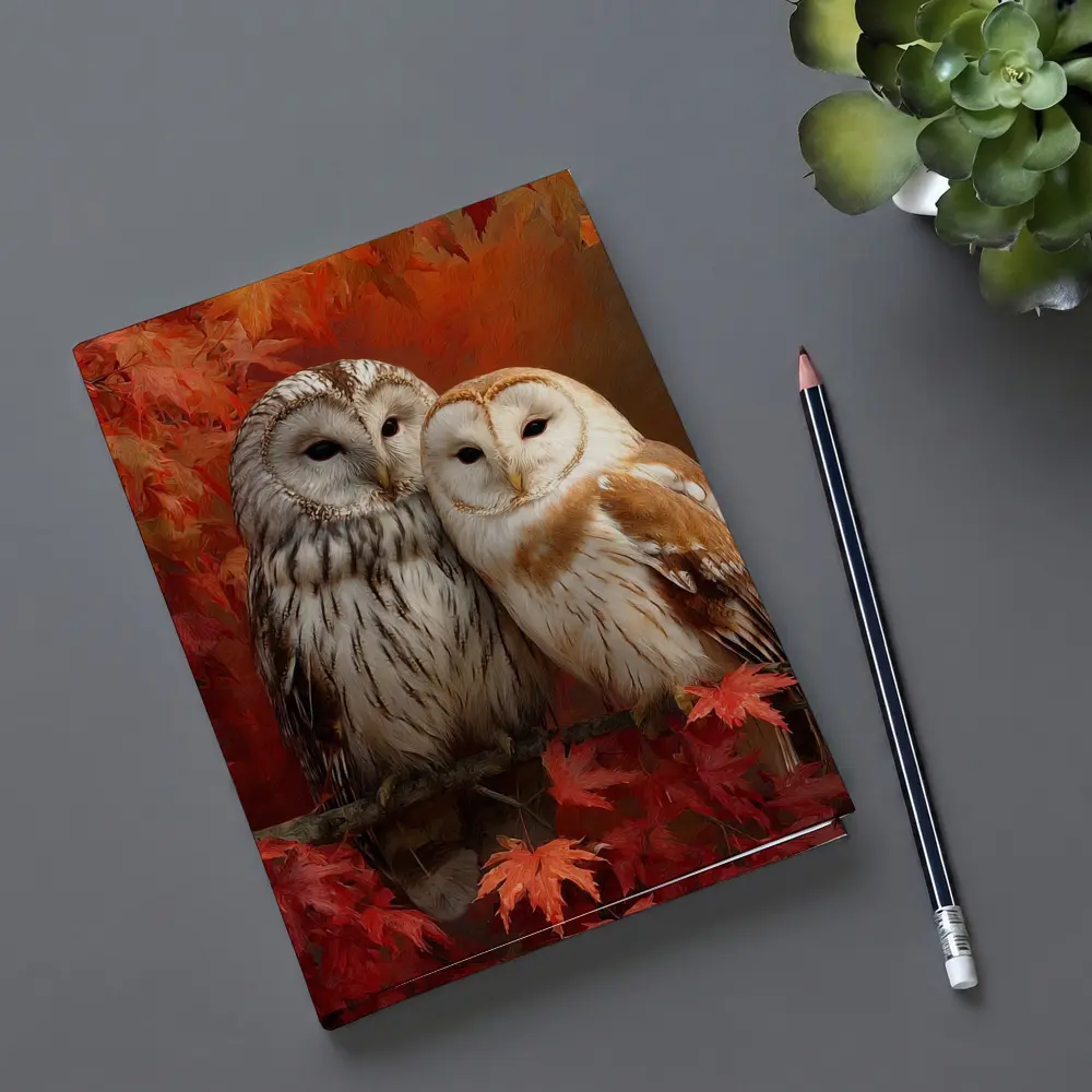 Two Barn Owls Perched Autumn Red Leaves – Notebooks