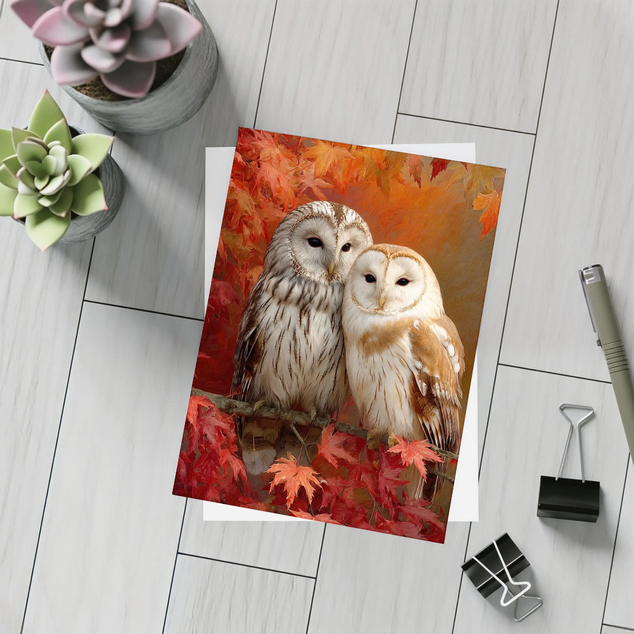 Two Barn Owls Perched Autumn Red Leaves – Postcards
