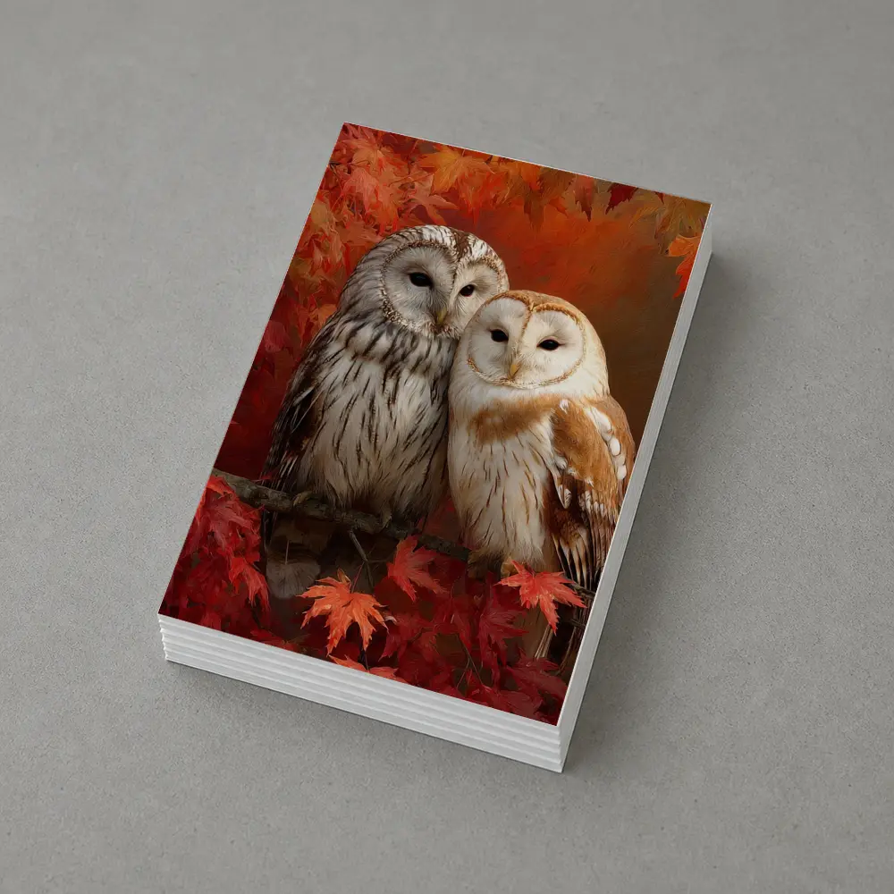 Two Barn Owls Perched Autumn Red Leaves – Postcards