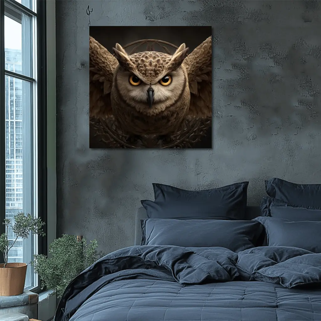 Great Horned Owl Wings Spread Dark Background – Wall Art