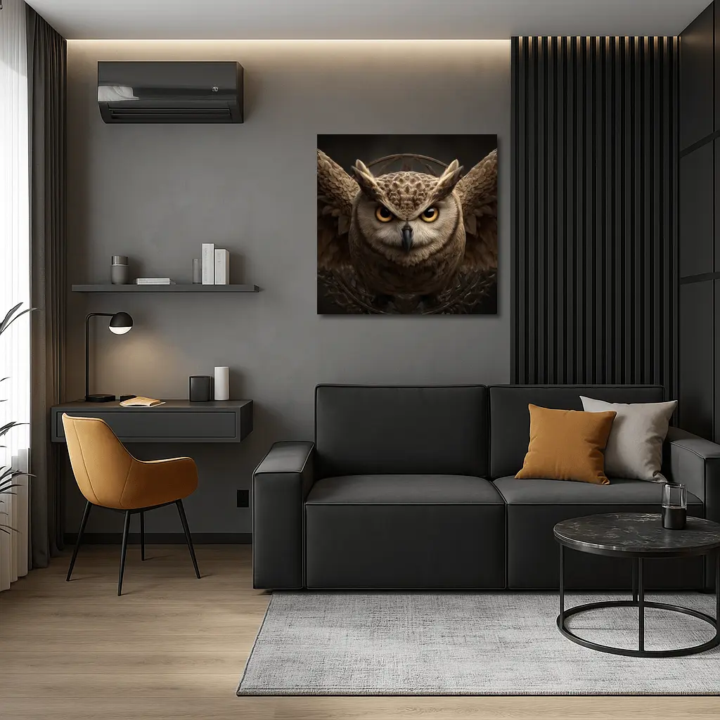 Great Horned Owl Wings Spread Dark Background – Wall Art