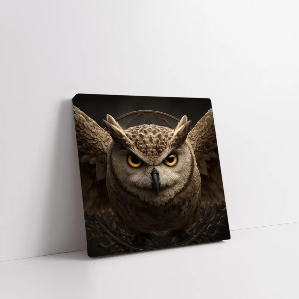 Great Horned Owl Wings Spread Dark Background – Wall Art