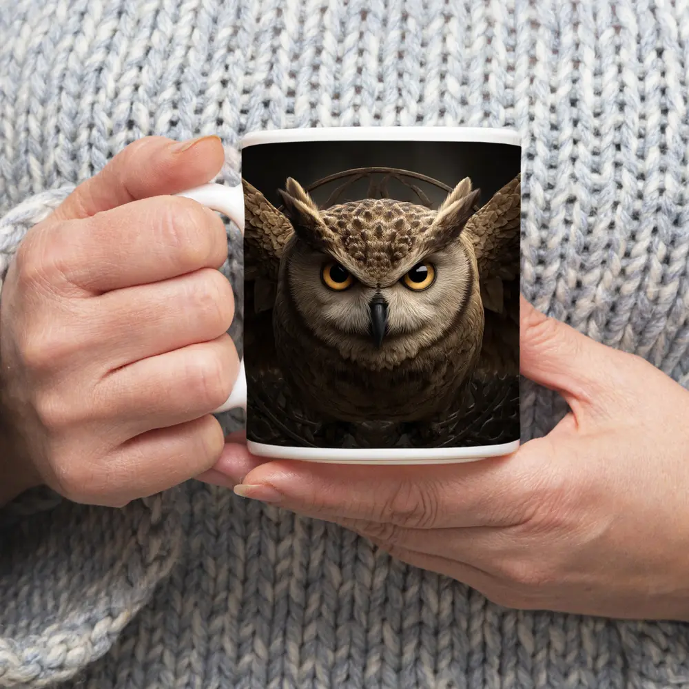 Great Horned Owl Wings Spread Dark Background – Mugs