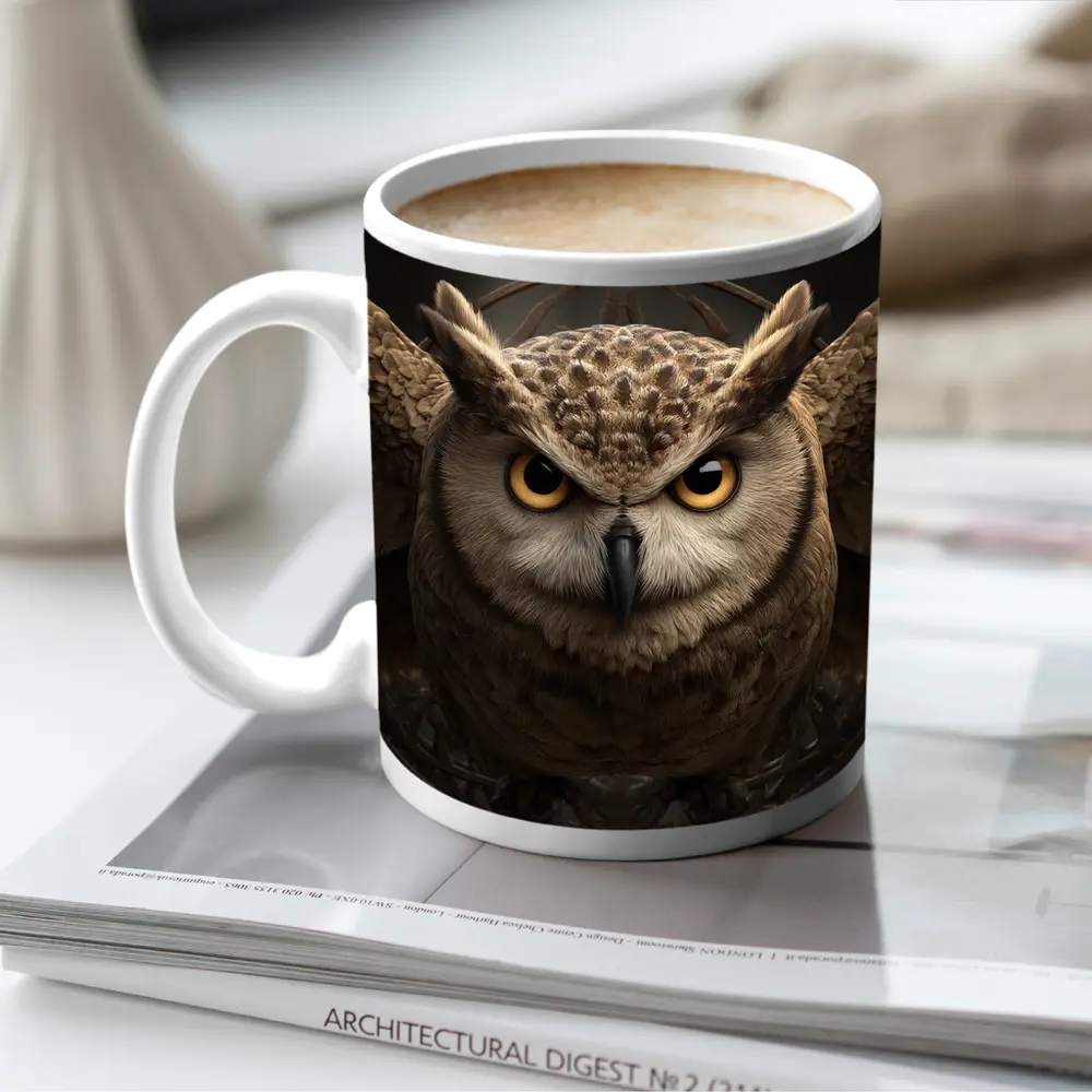 Great Horned Owl Wings Spread Dark Background – Mugs