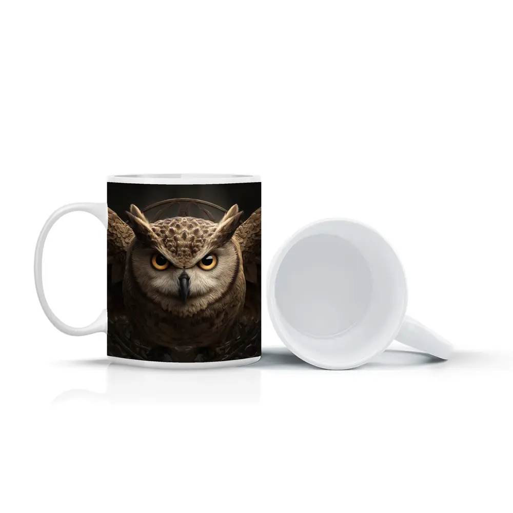 Great Horned Owl Wings Spread Dark Background – Mugs