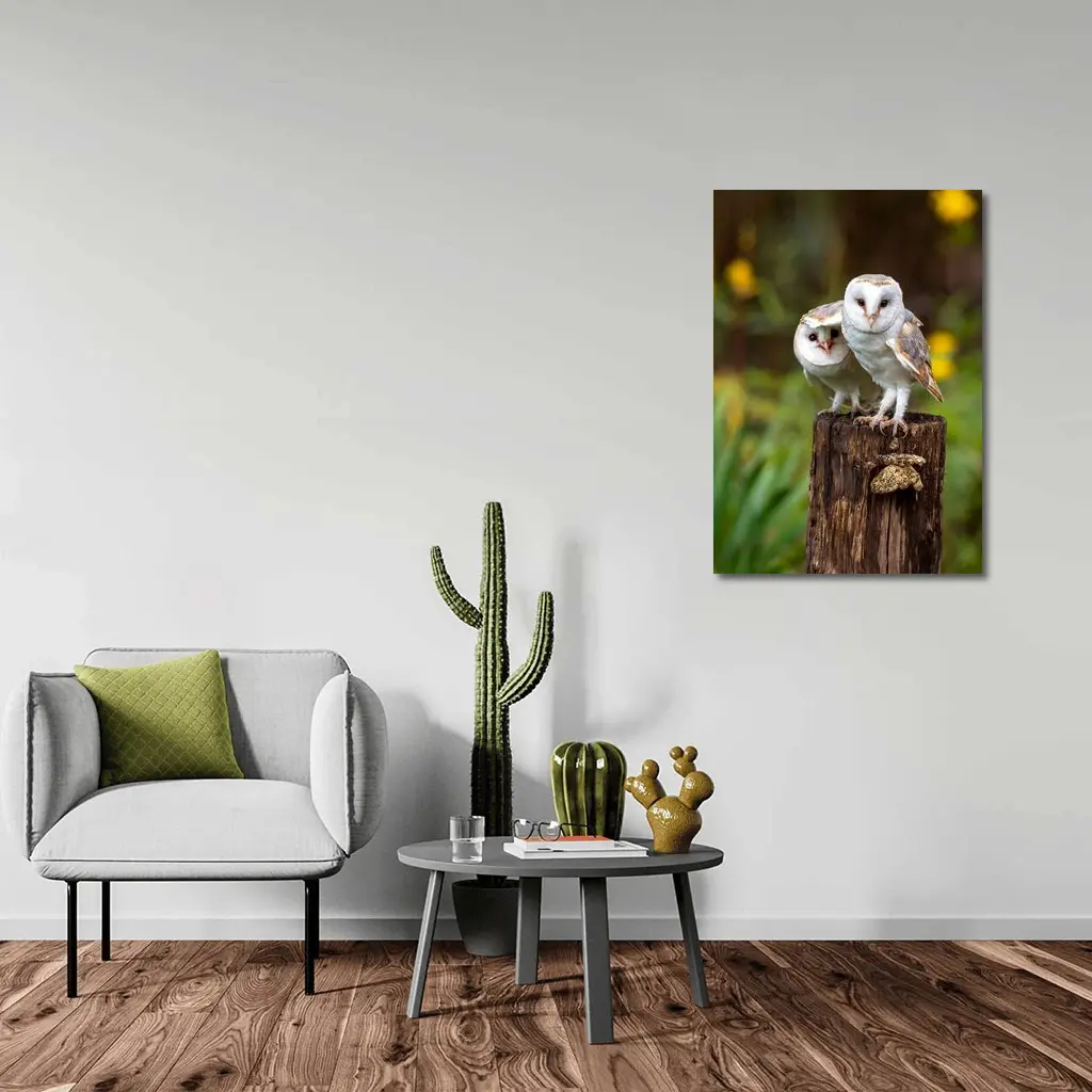 Two Barn Owls Perched On Wooden Post – Wall Art