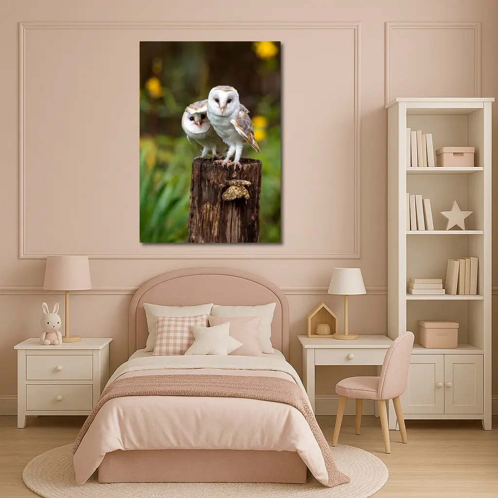 Two Barn Owls Perched On Wooden Post – Wall Art