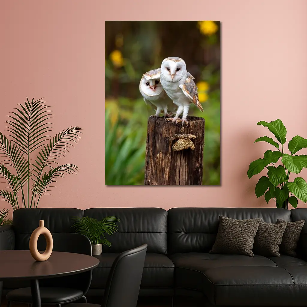 Two Barn Owls Perched On Wooden Post – Wall Art