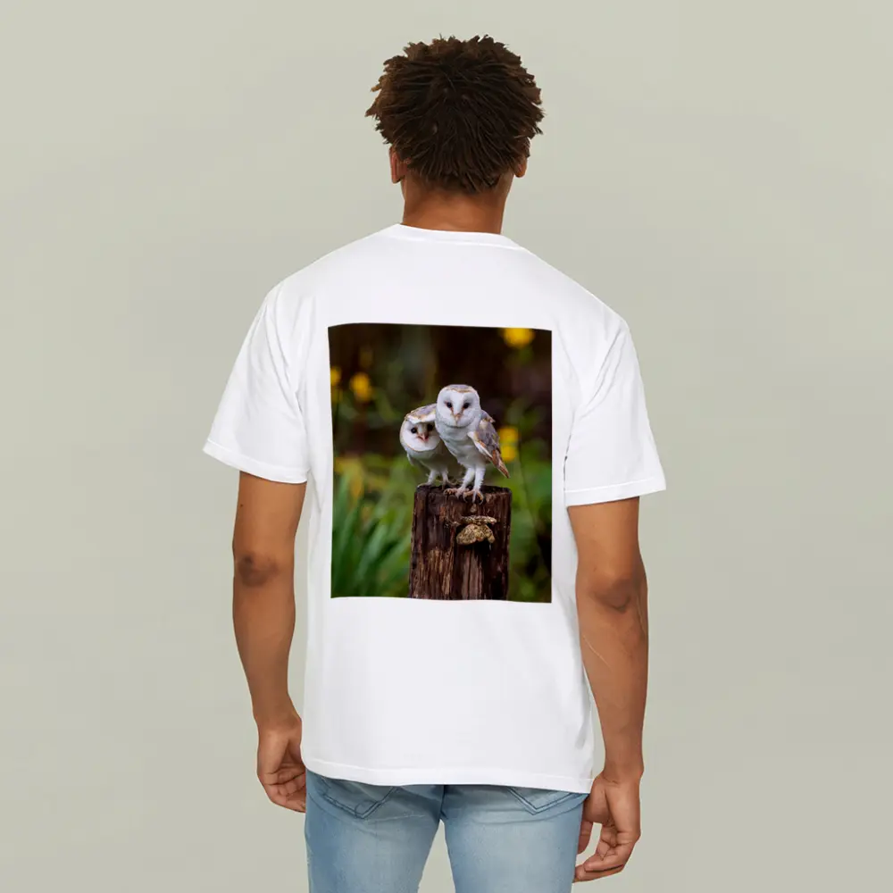 Two Barn Owls Perched On Wooden Post – T-Shirts