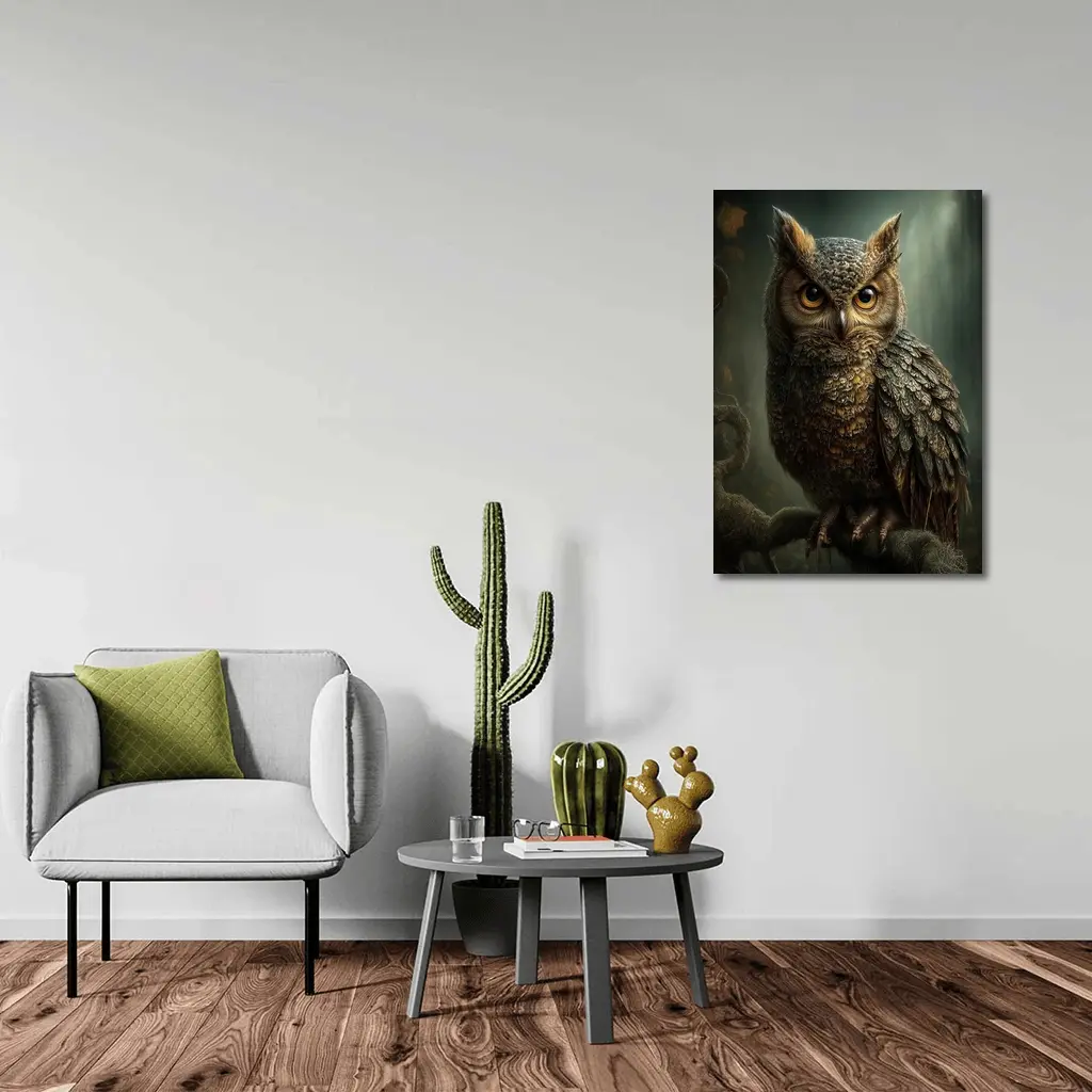 Great Horned Owl Perched Dark Forest – Wall Art