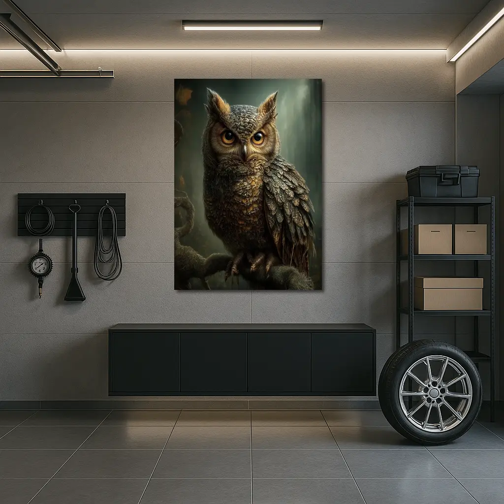 Great Horned Owl Perched Dark Forest – Wall Art