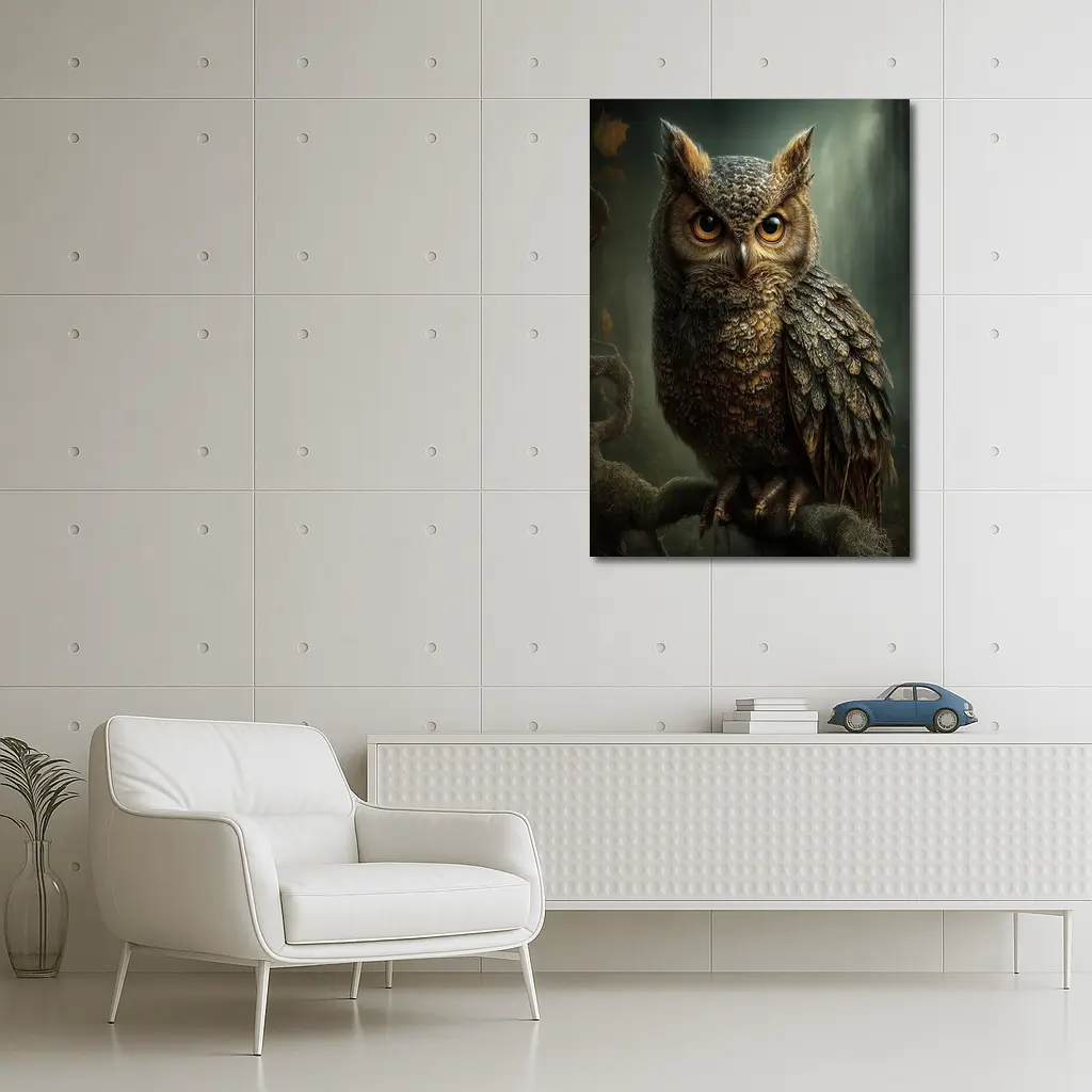 Great Horned Owl Perched Dark Forest – Wall Art