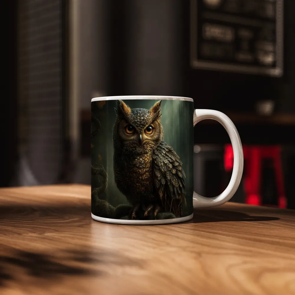 Great Horned Owl Perched Dark Forest – Mugs