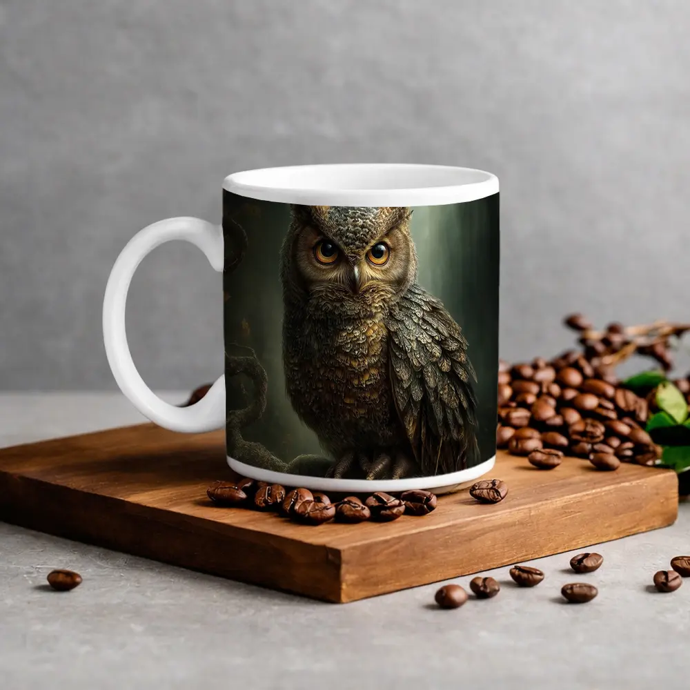 Great Horned Owl Perched Dark Forest – Mugs