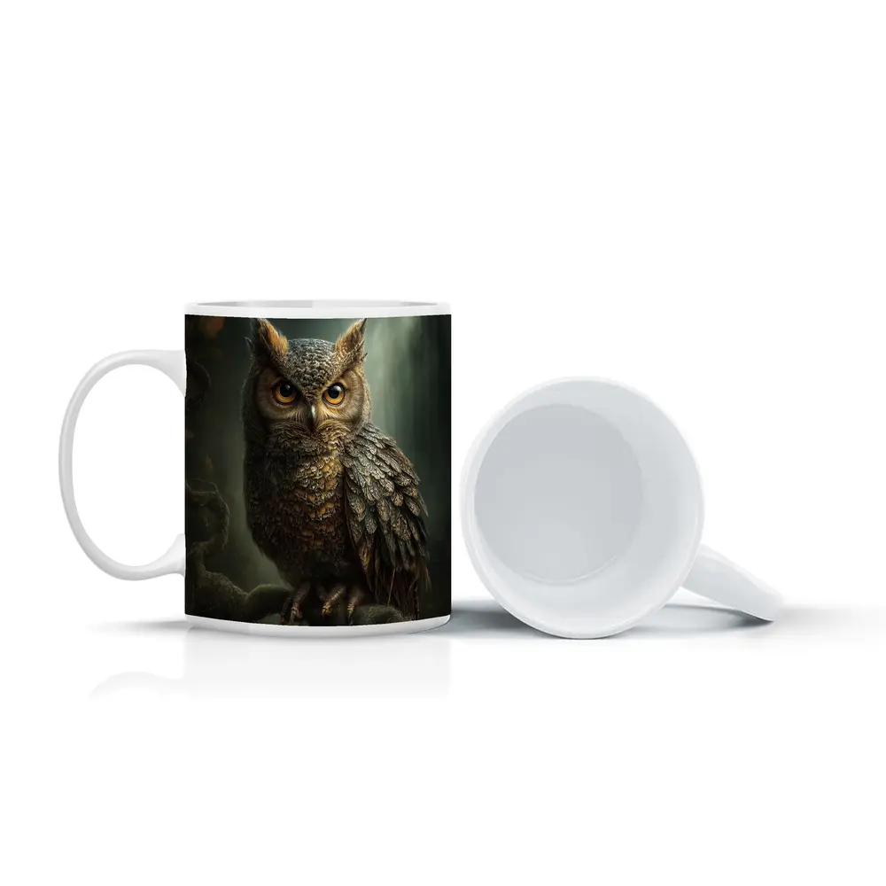 Great Horned Owl Perched Dark Forest – Mugs