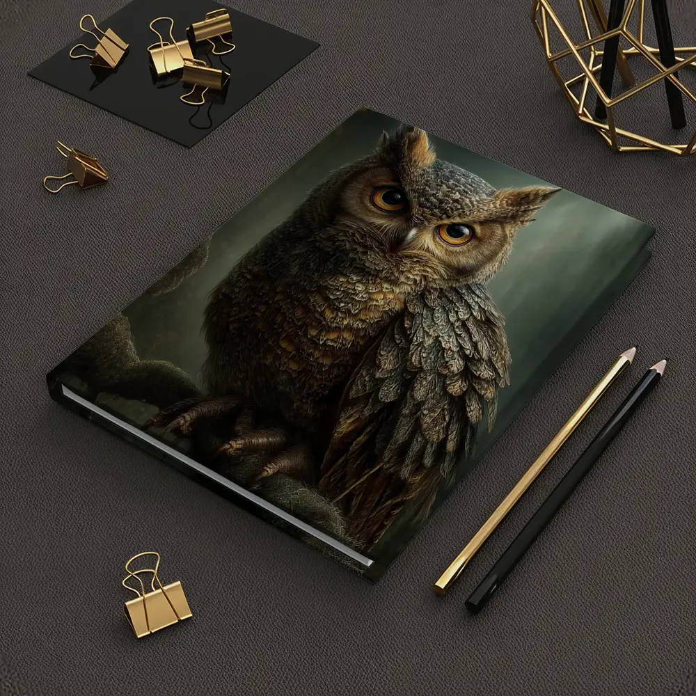 Great Horned Owl Perched Dark Forest – Notebooks