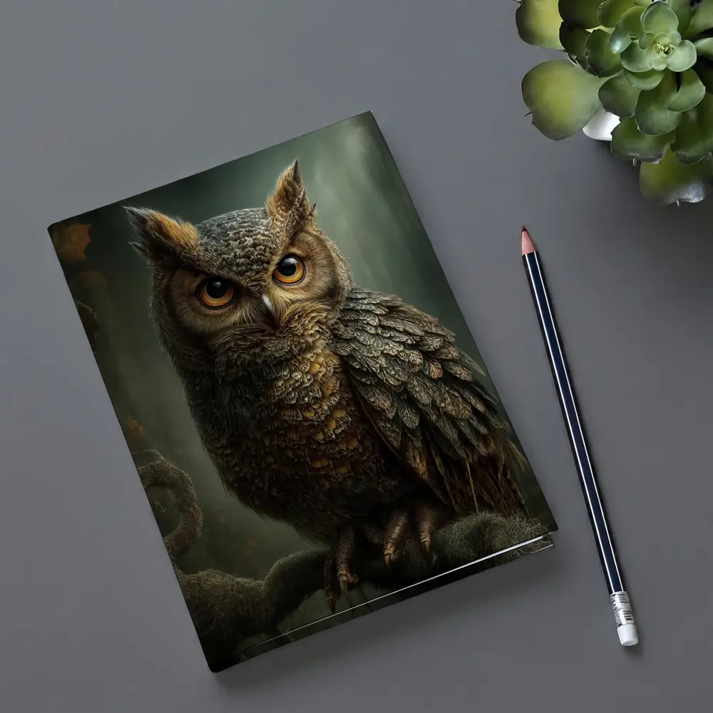 Great Horned Owl Perched Dark Forest – Notebooks