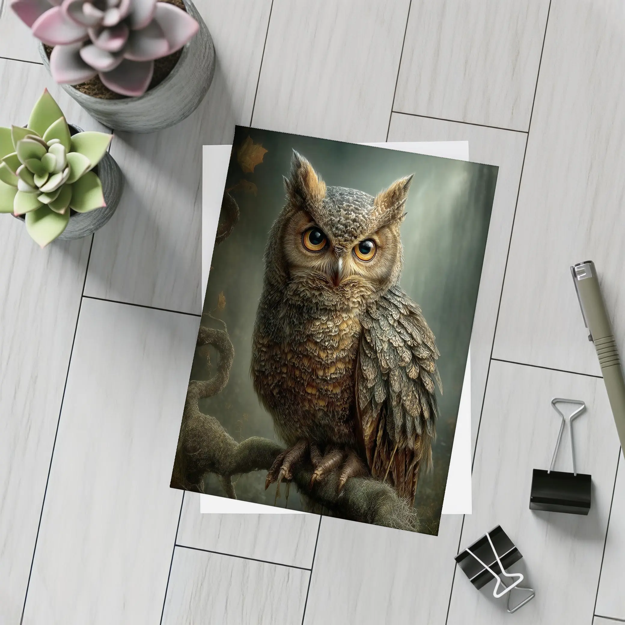 Great Horned Owl Perched Dark Forest – Postcards