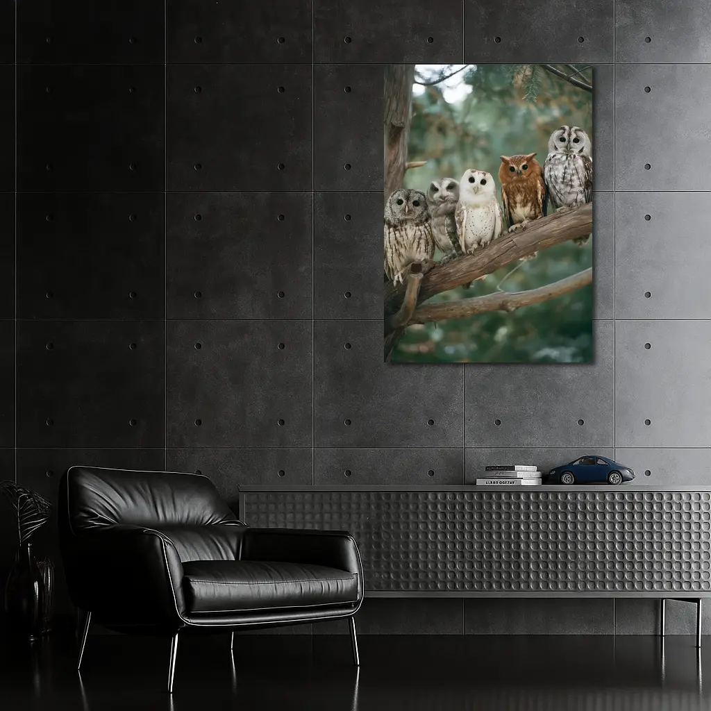 Five Owls Perched On Branch Forest – Wall Art