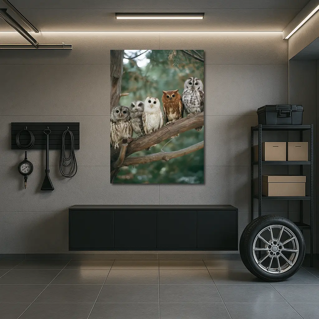 Five Owls Perched On Branch Forest – Wall Art