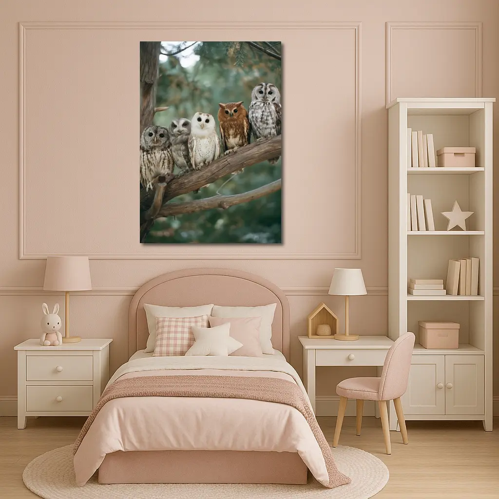 Five Owls Perched On Branch Forest – Wall Art