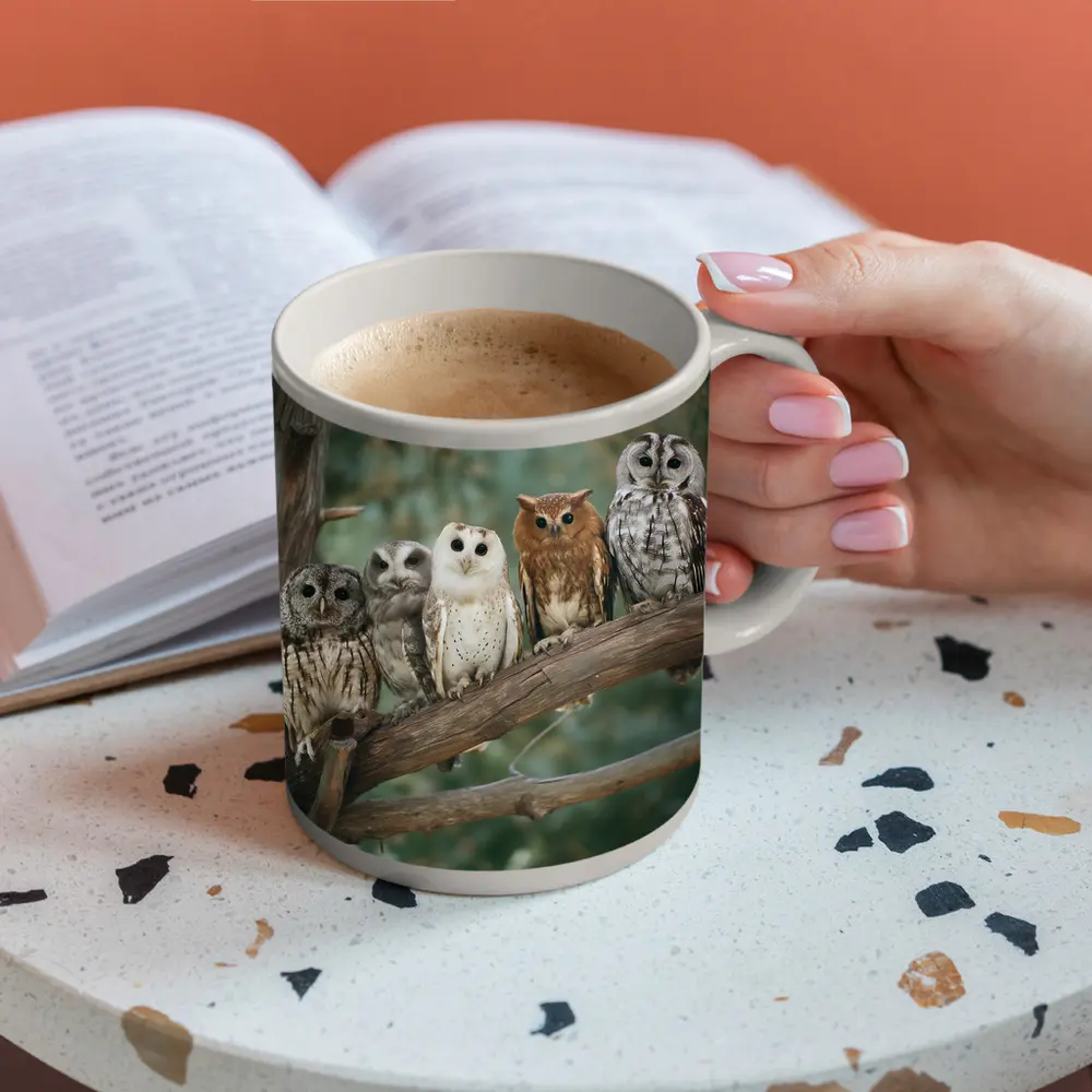 Five Owls Perched On Branch Forest – Mugs