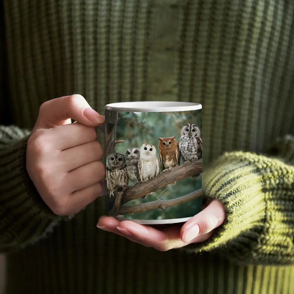 Five Owls Perched On Branch Forest – Mugs