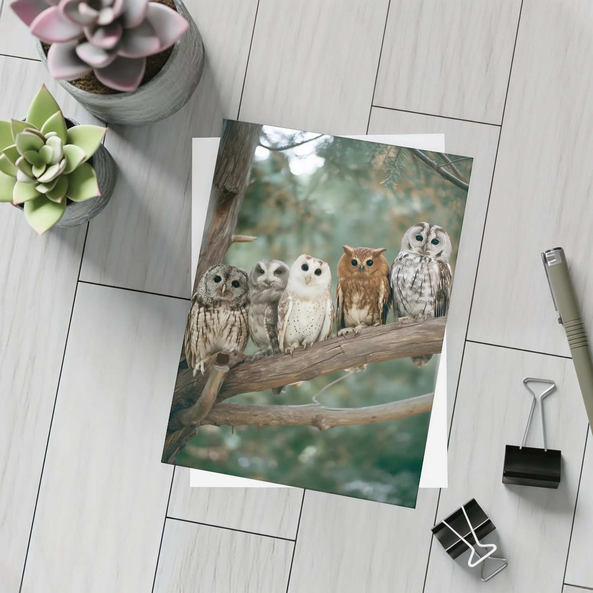 Five Owls Perched On Branch Forest – Postcards