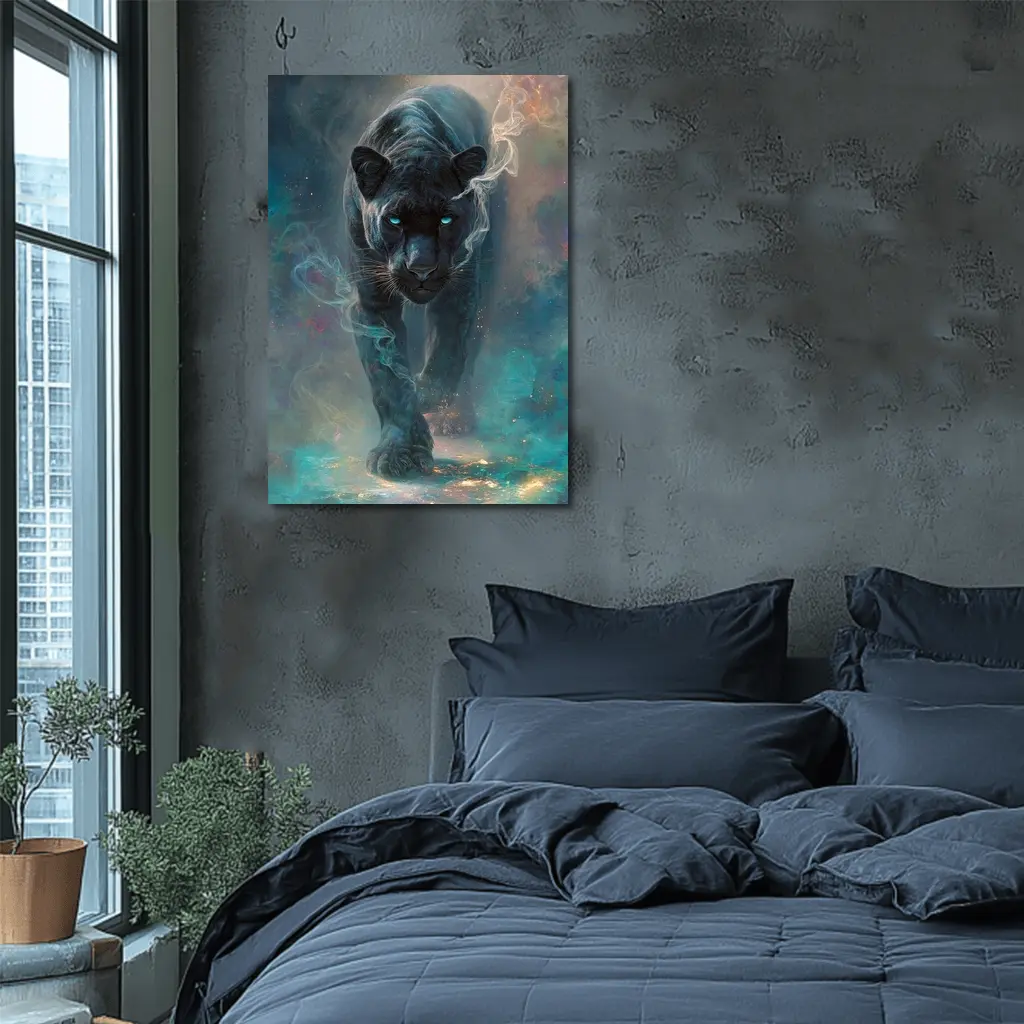 Black Panther Glowing Eyes Cosmic Smoke – Wall Art