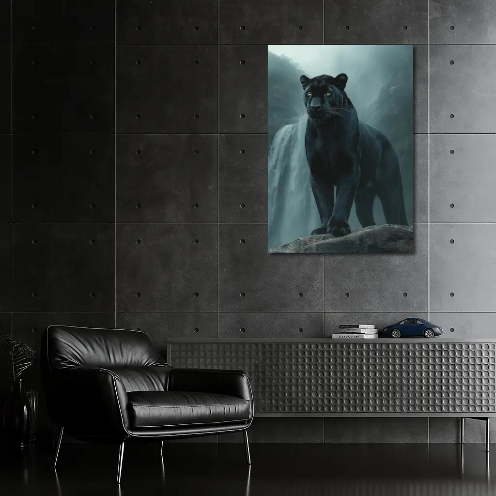 Black Panther Standing Before Misty Waterfall – Wall Art