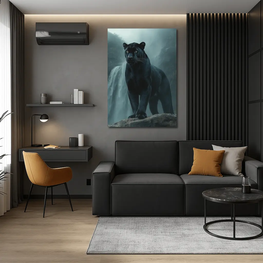 Black Panther Standing Before Misty Waterfall – Wall Art