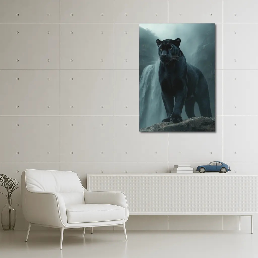 Black Panther Standing Before Misty Waterfall – Wall Art