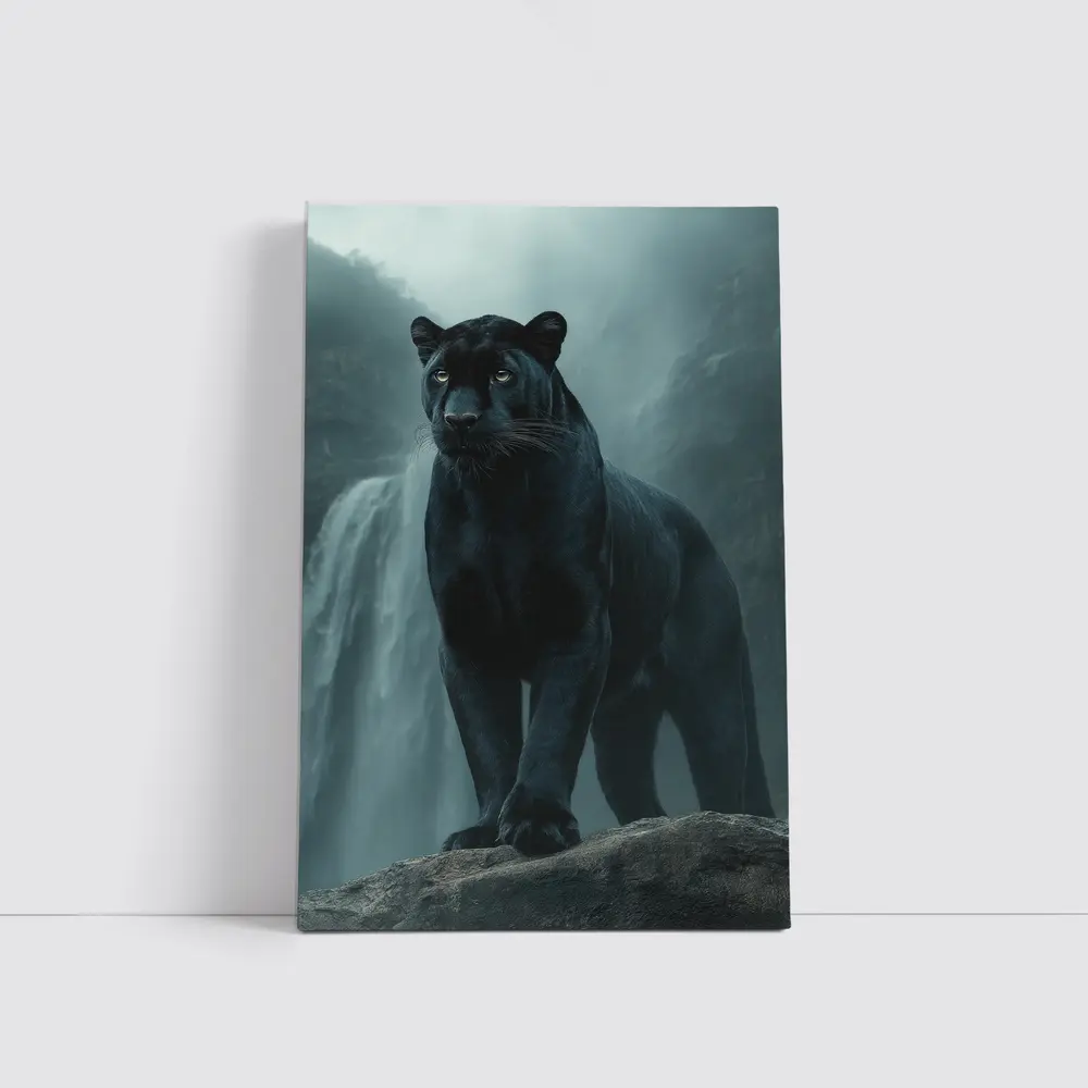 Black Panther Standing Before Misty Waterfall – Wall Art
